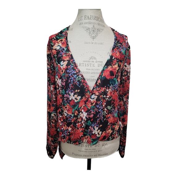 WAYF Tops - WAYF Floral Print Low High Front Wrap 100% Polyester Long Sleeved Blouse